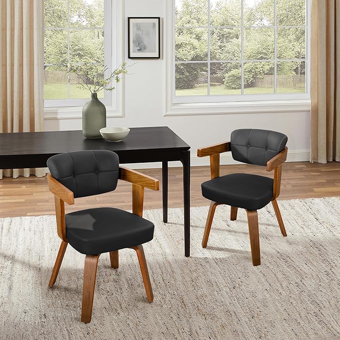 Art Leon Home Office Desk Chair - Mid Century Modern Chair, Faux Leather Office Chair No Wheels, Comfy Accent Arm Chair with Wood Legs for Small Spaces Living Room Bedroom Study, Black/Walnut