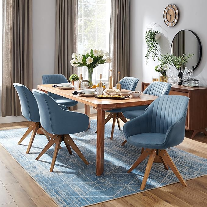 Zouron Mid Century Modern Swivel Accent Chair, Vanity Chair with Wooden Legs, Upholstered Arm Chair No Wheels, Accent Side Chair for Small Space Home Office Living Room Bedroom, Azure