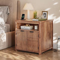 Fluted Nightstand with Charging Stations, 23.6" Wide Walnut Nightstand with Storage Drawers, Side Tables, Modern Farmhouse End Tables for Bedroom, Walnut Brown