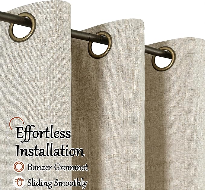 Linen Blackout Curtains 54 Inch Length 2 Panels for Bedroom, Thermal Insulated Total Light Blocking Noise Reducing Window Curtains for Farmhouse, Bronze Grommet, Beige, Each 52" Wide