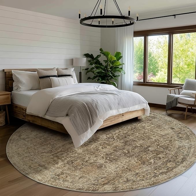 FMFUNCTEX 8ft Round Washable Area Rug Brown Vintage Neutral Distressed Large Non Slip Carpet for Living Room Bedroom Soft Low Pile Indoor Mat Retro Floral Throw Rug for Dining Kitchen Office Nursery
