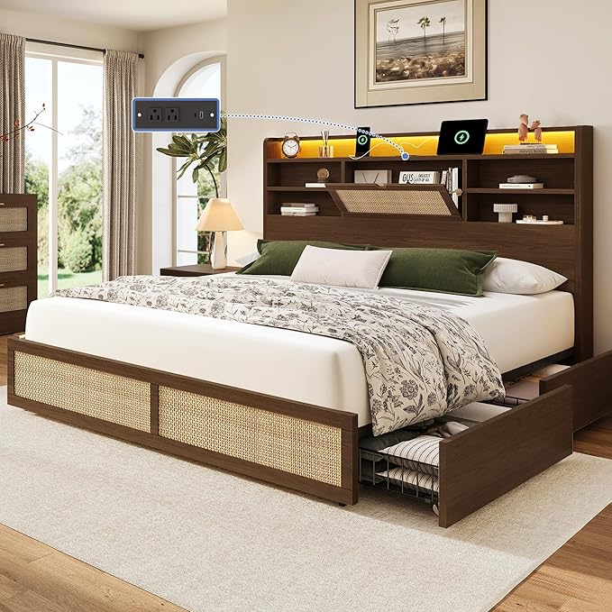 King Size Rattan Bed Frame with 4 Storage Drawers and Hidden Storage Headboard Wooden Platform Bed Frame with LED Lights and Charging Station, No Box Spring Needed, Easy Assembly, Brown