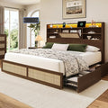 Queen Size Rattan Bed Frame with 4 Storage Drawers and Hidden Storage Headboard Wooden Platform Bed Frame with LED Lights and Charging Station, No Box Spring Needed, Easy Assembly, Brown