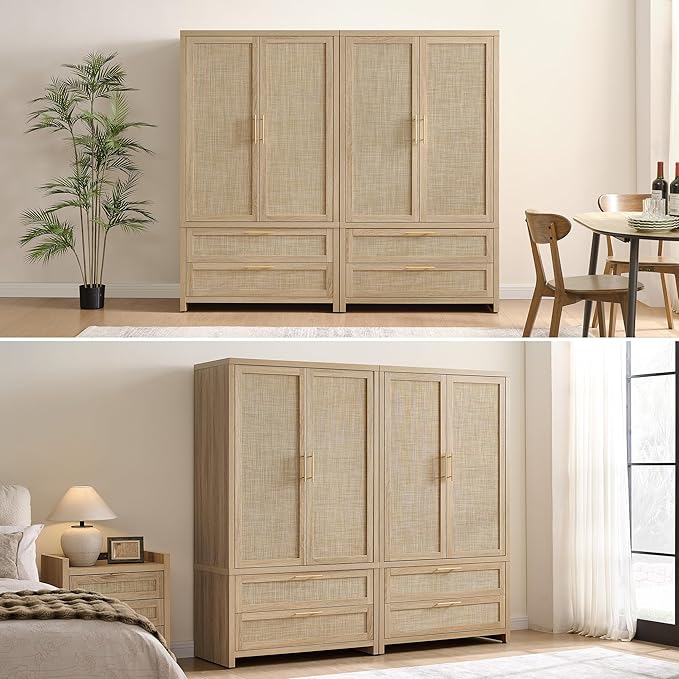 SICOTAS Armoire Wardrobe Closet, Larger Rattan Armoires Wardrobe Cabinet with 2 Large Drawers & Hanging Rod, Tall Closet Storage Cabinet for Cloak Room, Bedroom, Light Oak (3 PCS)