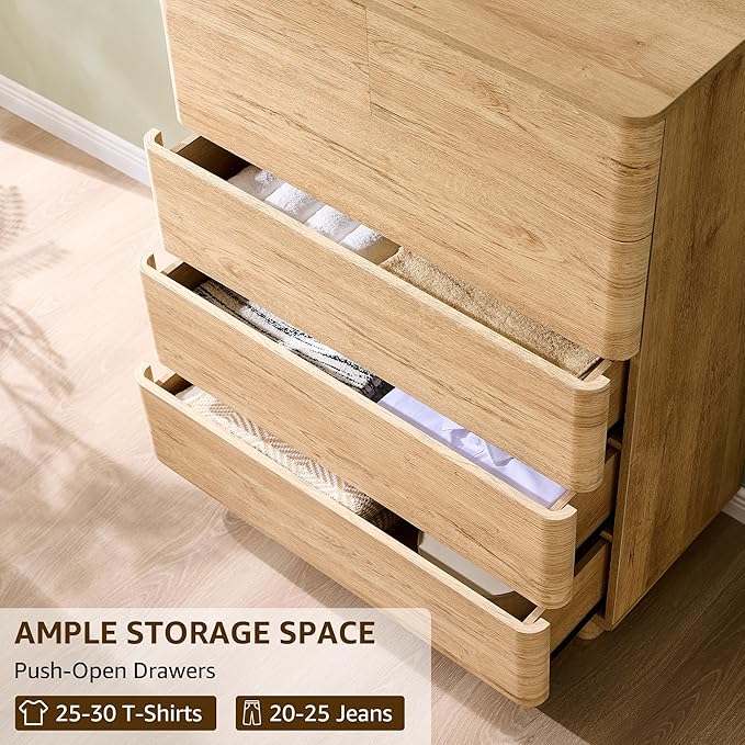 ACCOHOHO 6 Drawer Dresser for Bedroom, 42 Inch Tall Modern Chest of Drawers, Push-to-Open Wood Storgae Organizer with Large Drawers for Bedroom, Living Room, Hallway, Natural Oak