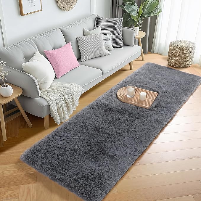PAGISOFE Super Soft Runner Rugs for Hallway 2x6 Ft,Grey Fluffy Rug Home Decor Aesthetic, Fuzzy Plush Long Bedside Rugs for Room Decor Indoor Fluffy Shaggy Furry Throw Rug for Teen Dorm Nursery