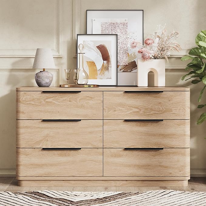 6 Drawer Dresser for Bedroom, 54" Wide Modern Chest of Drawers with Metal Handle, Curved Profile Design, Wooden Oak Dresser Closet Clothes Storage TV Stand for Living Room, Hallway