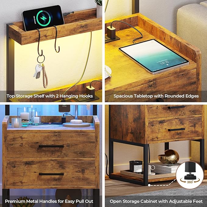 VIAGDO Nightstand with Charging Station and LED Lights, Rustic Brown Bedside Night Stands with 2 Drawers and Open Storage Shelves, Modern End Side Tables for Bedroom,Office