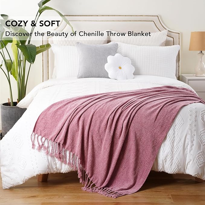 BATTILO HOME Chenille Throw Blanket for Couch, Soft Cozy Throw Blanket with Fringe Tassels, Lightweight Knitted Throw for Spring Summer, Pink, 50"x60"