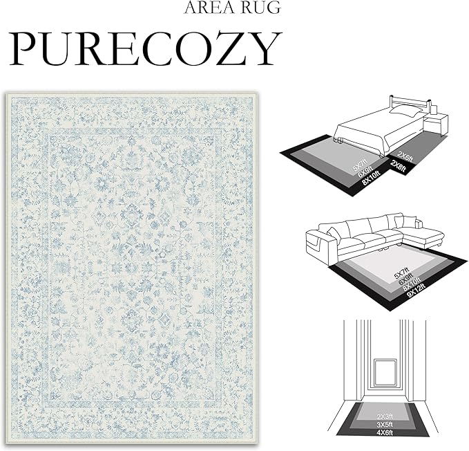 8x10 Blue Area Rug Non Slip Large Vintage Living Room Distressed Machine Washable Carpet Traditional Indoor Bedroom Blue Retro Floral Accent Throw Rug for Office Kitchen Dorm Dining Room