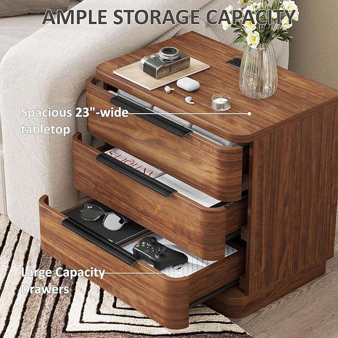 Nightstands Set of 2, Bedside Table with 3 Storage Drawers, 24" Tall Wood Night Stand with Charging Station, Modern Wide End Table Side Table W/Metal Handle Curved Profile for Bedroom