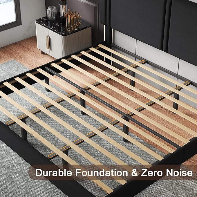 Upholstered King Size Bed Frame with Linen Fabric Headboard, Strong Wooden Slats Support, Noise Free, No Box Spring Needed, Black