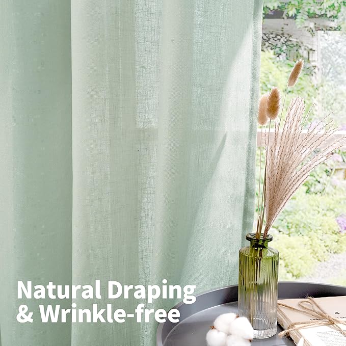 YoungsTex Short Linen Sheer Curtains 54 Inch Length for Window, Light Sage Green Textured Drapes Light Filtering for Bedroom Kitchen Bathroom Lightweight Grommet, 2 Panels, 52 X 54 Inch