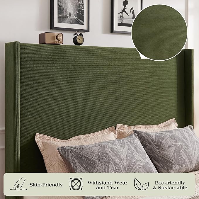 King Bed Frame with 65" Tall Headboard, Horizontal Fine Corduroy Bed Frame with Wingback, Upholstered Platform Bed, Vintage Solid Wood Gourd Legs, No Box Spring Needed, Green
