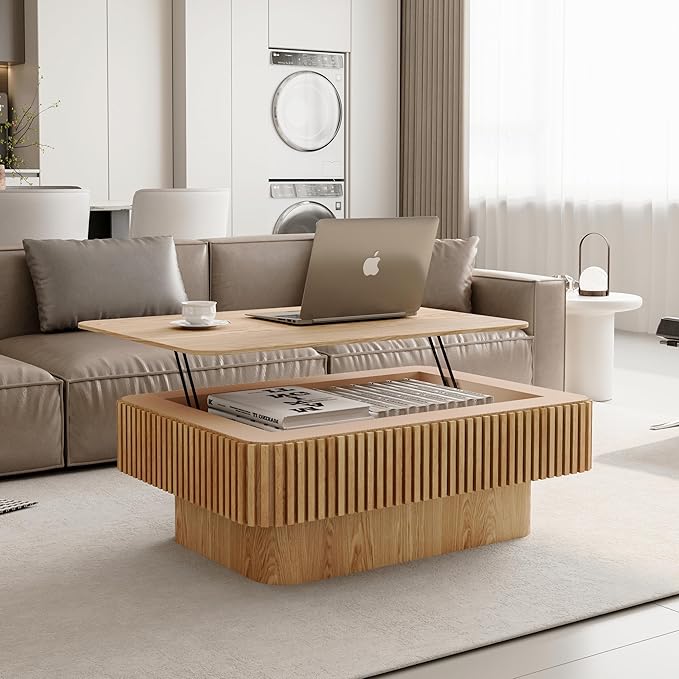 Lift Coffee Table with Storage & Adjustable Height, Solid Wood Coffee Table Fluted Center Table Accent Tea Table or Living Room, Apartment, Office (38.6" Natural)