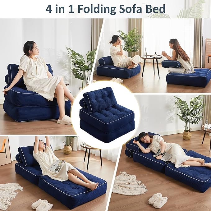 Folding Chair Bed, Futon Sofa Bed, Floor Couch for Adults Chair for Living Room, Lounge Sofa, Convertible Sofa Bed, Small Couches for Small Spaces, Blue