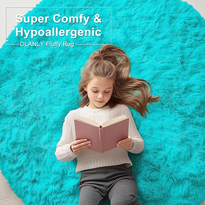 OLANLY Teal Blue Round Rugs for Bedroom - Machine Washable, 2 ft Circle Area Rugs for Living Room, Soft and Fluffy Shaggy Carpet for Teen Girls and Boys, Nursery Rooms, Dorms, Home Decor Aesthetic
