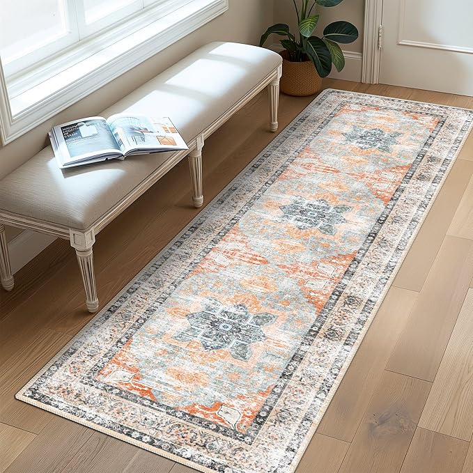 Runner Rug 2'x8' Vintage Washable Non-Slip Runners for Hallways Kitchen Entryway Laundry Room Floral Carpet Hallway Runner Orange