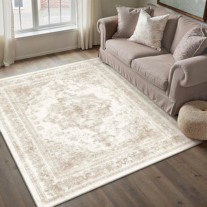 Area Rug 4x6 Cream Washable Office Entryway Vintage Medallion Beige Carpet Non Slip Retro Indoor Mat Low Pile Soft Distressed Small Rug for Bedroom Kitchen Laundry Dining Room