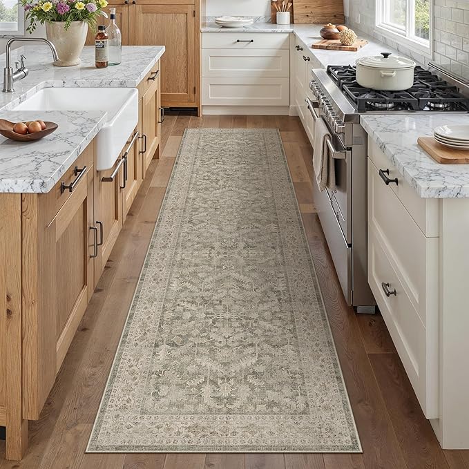 Brown 2x8 Runner Rug Vintage Area Carpet Hallway Indoor Kitchen Washable Low Pile Traditional Distressed Retro Accent Throw Rug Non Slip for Laundry Bathroom Office