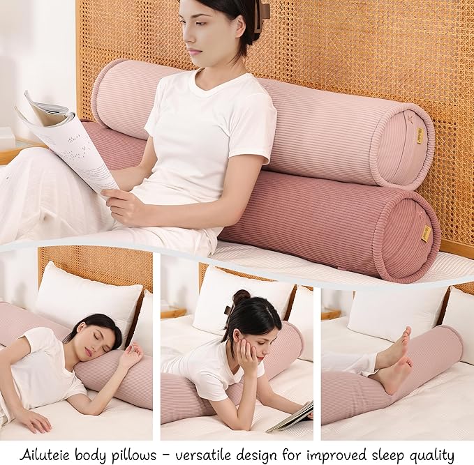 Long Round Body Pillow for Adults – Corduroy Cervical Roll Bolster Pillow, Firm Support for Spine Alignment & Side Sleeping,39 x 7.87 Inches,Pink