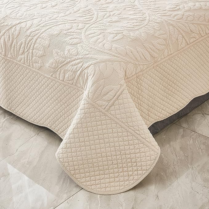MarCielo 3-Piece 100% Cotton Oversized Bedspread Lightweight Quilt Coverlet Embroidery Farmhouse Bedding Set T0 (Yellowish Beige, Twin (68"x86"))