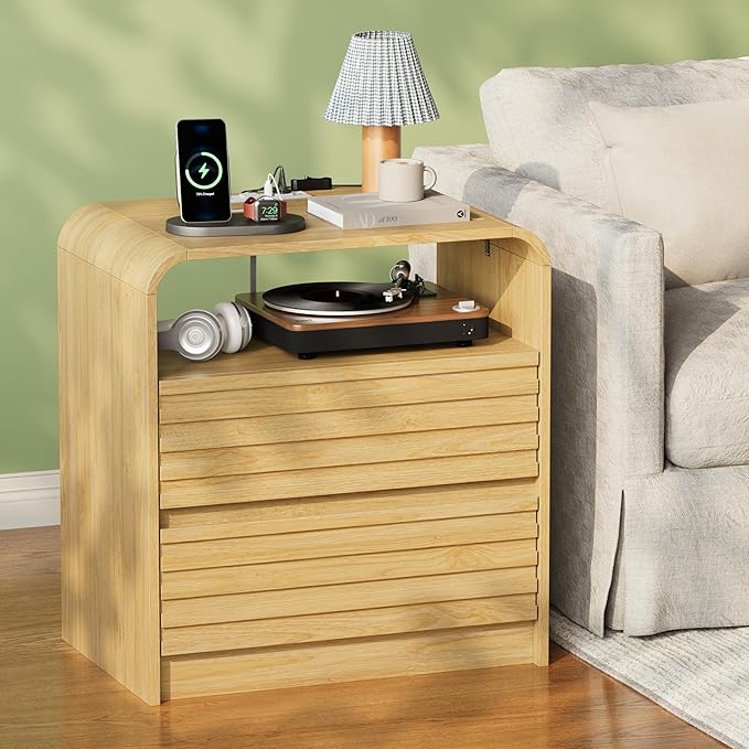 24" Wide Modern Fluted Nightstand with Charging Station, Wood Bedside Table with 2 Storage Drawers, Mid Century End Table Nigthstand with Curved Profile for Bedroom, Living Room, Natural Oak