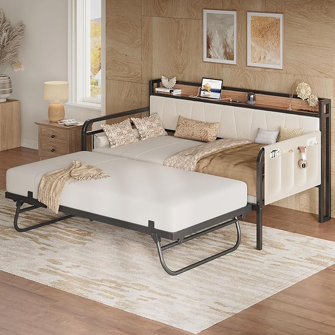 LIKIMIO Daybed with Trundle Bed, Twin XL Bed Frame with Storage Headboard and Charging Station, Sofa Day Bed with Strong Supports for Living Room, Bedroom, and Guest Room, Beige