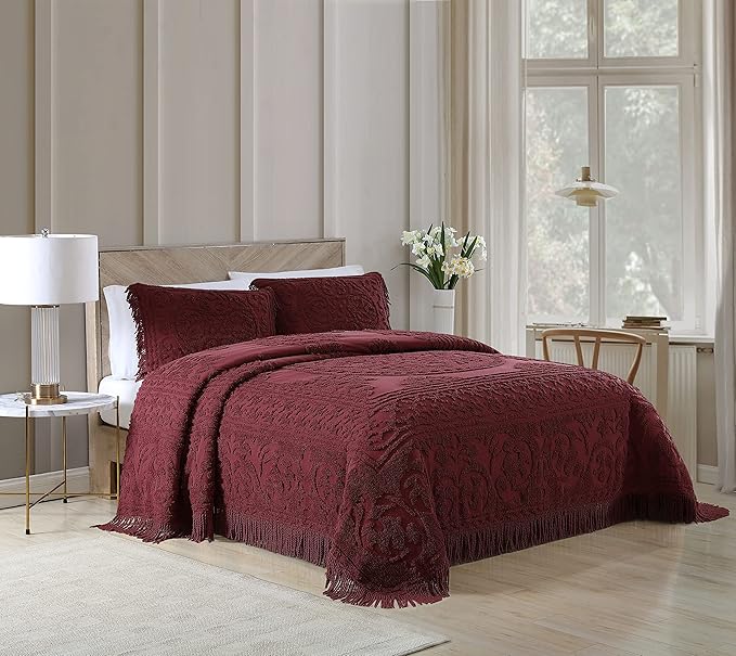 Beatrice Home Fashions Medallion Chenille Bedspread, King Sham, Burgundy