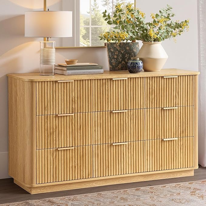win2win 9 Drawer Dresser, Modern Dresser with Storage, 55" Wide Fluted Chest of Drawers with Faux Marble Top, Dressers TV Stand, Minimalist Drawers Organizer for Bedroom, Living Room, Hallway, Oak