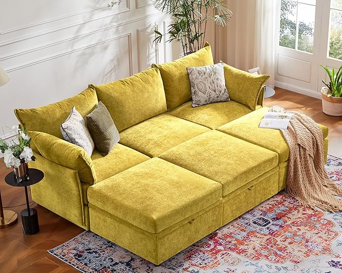 ABCASA 102.6" Luxury Modular Sleeper Sofa Bed 6 Seat Reversible Sectional Couch Deep Seat with Storage Chaises Removable Cover for Living Room, Apartment - Chenille Yellow