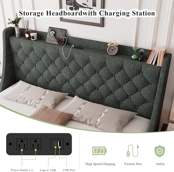 Feonase Queen Bed Frame with 4 Storage Drawers, Upholstered Storage Bed with Charging Station, Tufted Wingback Headboard, No Box Spring Needed, Dark Grey
