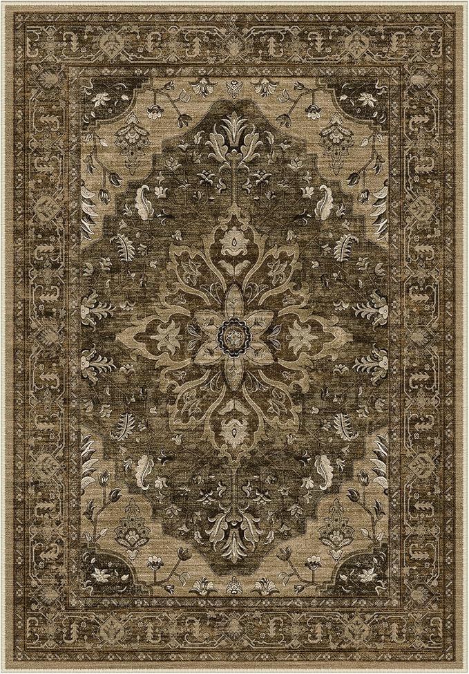 Area Rugs 2'x6' Washable Non-Slip, Floral Vintage Distress Print Pattern Medallion Carpet for Living Room Bedroom Dining Room, Brown Dark Brown