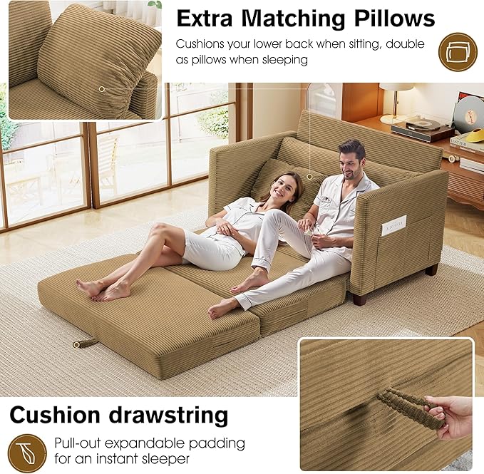 51" Loveseat Sleeper Sofa Bed, Corduroy Convertible Floor Sofa Bed for Small Spaces, Folding Couch Bed with Deep Seat, 2 Pillows & Solid Frame, Pull Out Floor Couch for Living Room, Brown