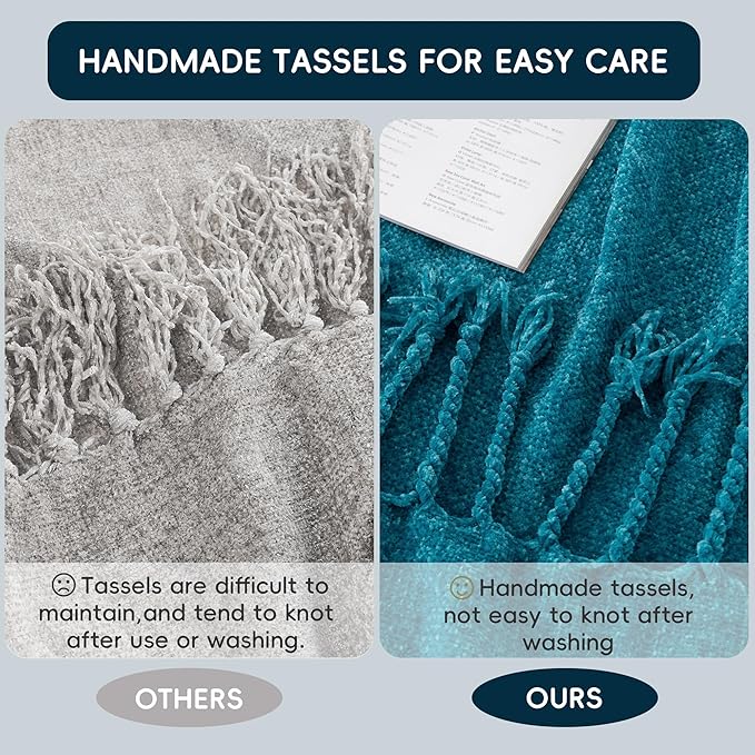 BATTILO HOME Teal Blue Throw Blanket for Couch, Bed, Sofa - Soft Cozy Chenille Throw Blanket with Fringe Tassels, Lightweight Turquoise Green Knit Throw for Home Decor, 50"x60"