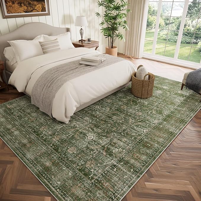Washable 8x10 Area Rugs for Living Room, Boho Non-Slip Vintage Distress Large Rugs for Bedroom Dining Room Nursery Office, 0.3" Neutral Oriental Throw Thin Carpet, Grass Green/Multi