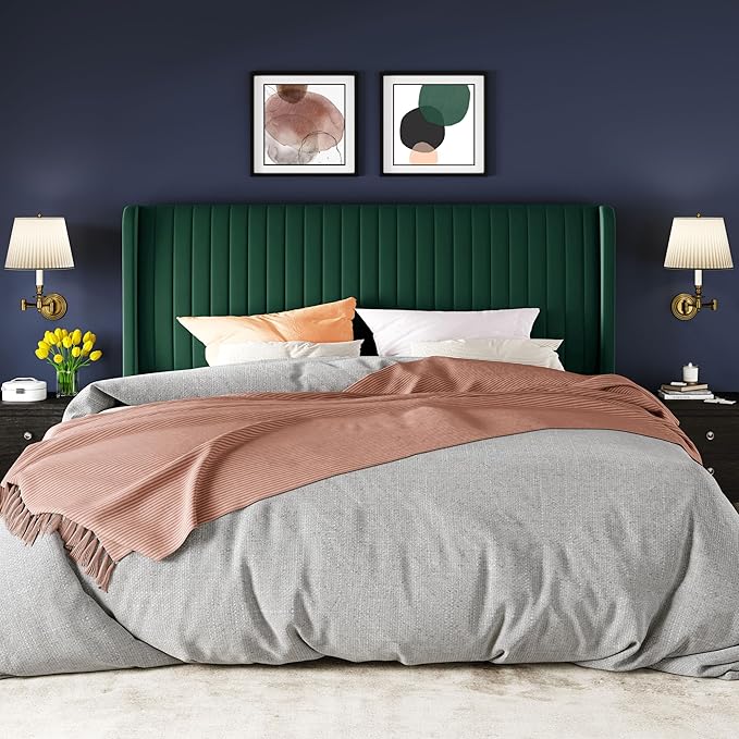 Allewie King Size Bed Frame/Velvet Upholstered Platform Bed/Vertical Channel Tufted Wingback Headboard/Strong Wooden Slats/No Box Spring Needed/Easy Assembly/Green