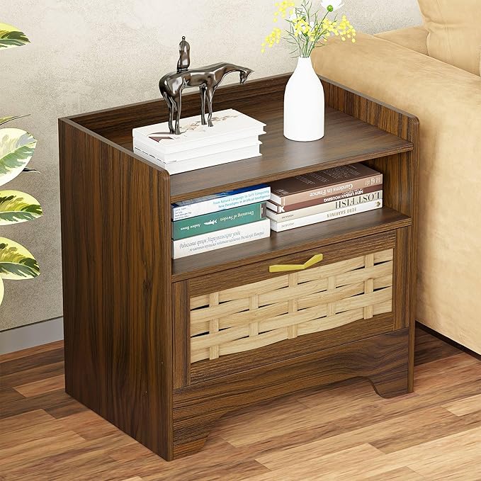 24" Rattan Nightstand Set of 2, Walnut Bedside Table with Semi Open Cubby, Boho Night Stand with Farmhouse Arched Base for Bedroom, Side Table, End Table for Dorm