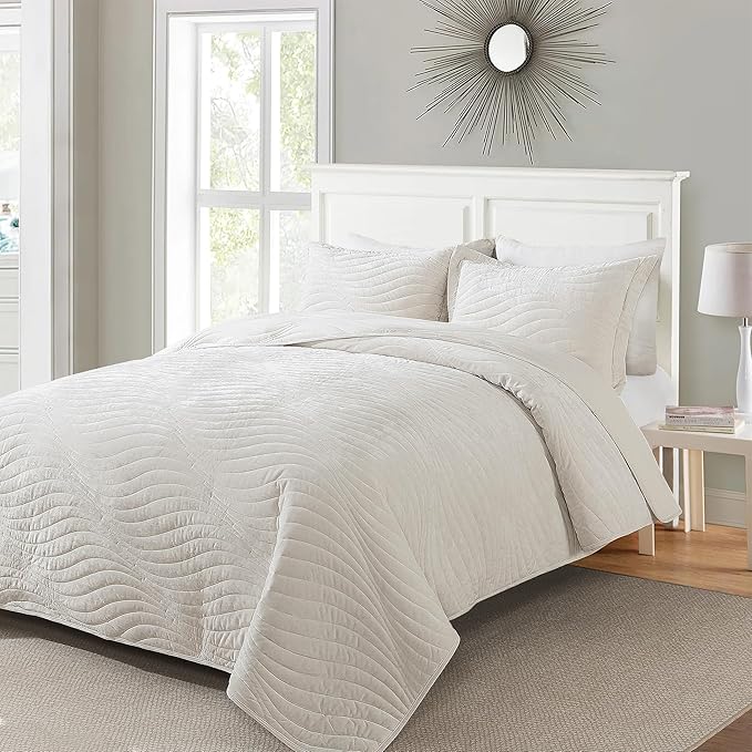 HoneiLife King Quilt Bedding Set - Velvet Quilt Sets 3-Pieces, Lightweight Bedspreads Solid Coverlets Retro Bed Cover Quilt King Size All Season Quilts, Nature White