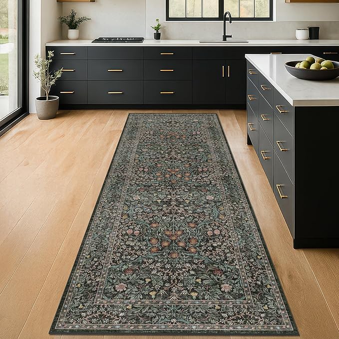 Non Slip 2x6 Kitchen Runner Rug Washable, Rubber Backed Hallway Runner Rugs, Boho Vintage Floral Botanical Dark Green Non Skid Carpet for Entryway, Bathroom, Hall Way Mats for Floor