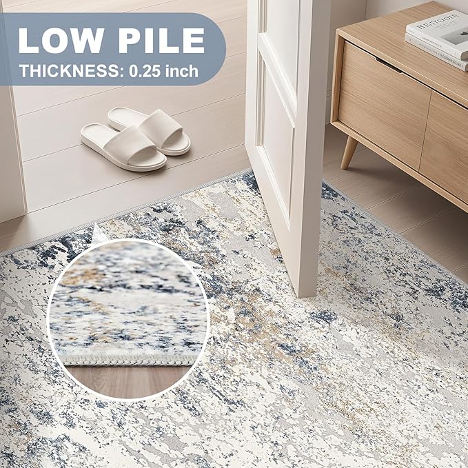 Area Rug Living Room Rugs - 10x13 Large Soft Indoor Neutral Modern Abstract Low Pile Washable Rug Carpet for Bedroom Dining Room Farmhouse Home Office - Beige Blue