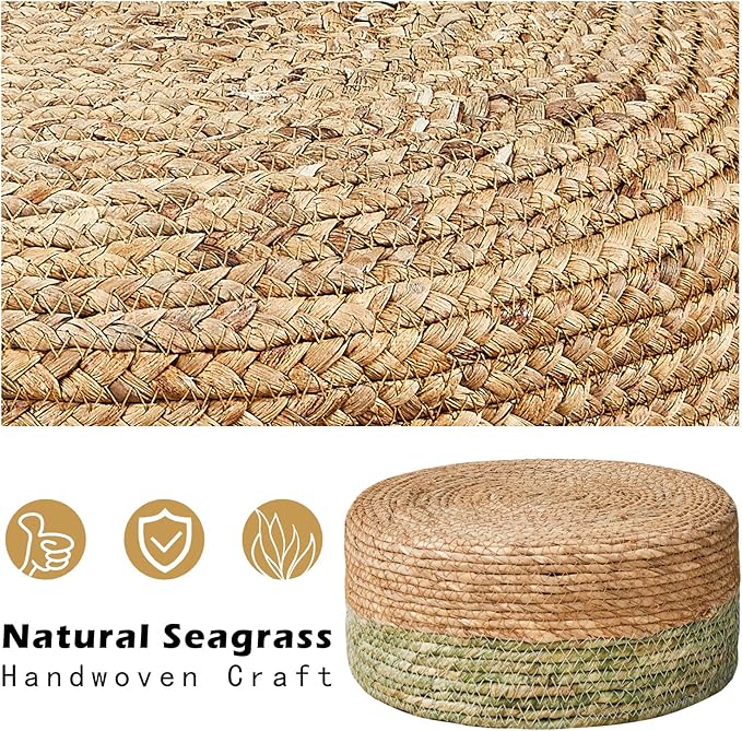 Wimarsbon Round Foot Stool Natural Seagrass Poufs Ottoman Hand Weave Footrest Stool for Couch Desk Extra Seat Step Stool with Solid Wood Legs for Hallway Patio Lounge Green