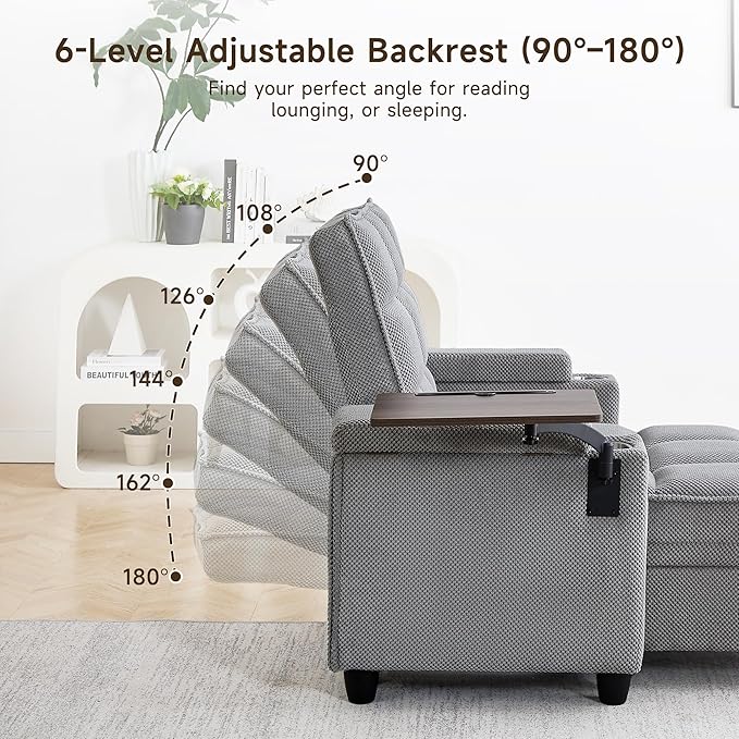 41.7" Oversized Chaise Lounge Chair Indoor, Boucle Upholstered Sofa Bed with Adjustable Backrest, Deep Seat Reading Chair, Sofas Couches for Living Room, Storage, Cup Holders & 360° Swivel Side Table | Oversized chaise, Indoor lounge chair, Convertible...