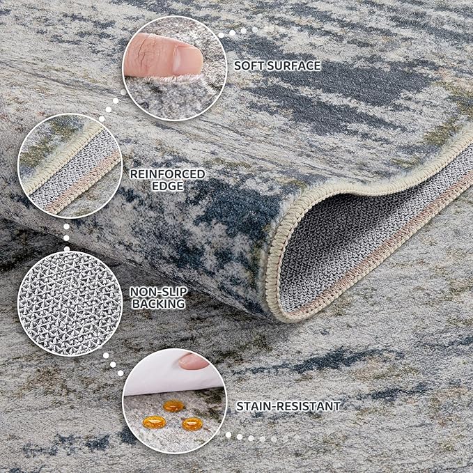 Area Rug Living Room Rugs - 9x12 Washable Large Soft Indoor Neutral Modern Abstract Low Pile Rug Carpet for Bedroom Dining Room Farmhouse Home Office - Blue/Grey/Brown