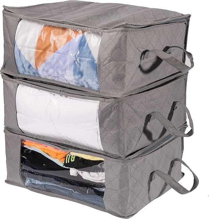 Amazon Basics Foldable Small Zipper Storage Bag Organizer Cubes with Clear Window & Handles, 3-Pack, Gray