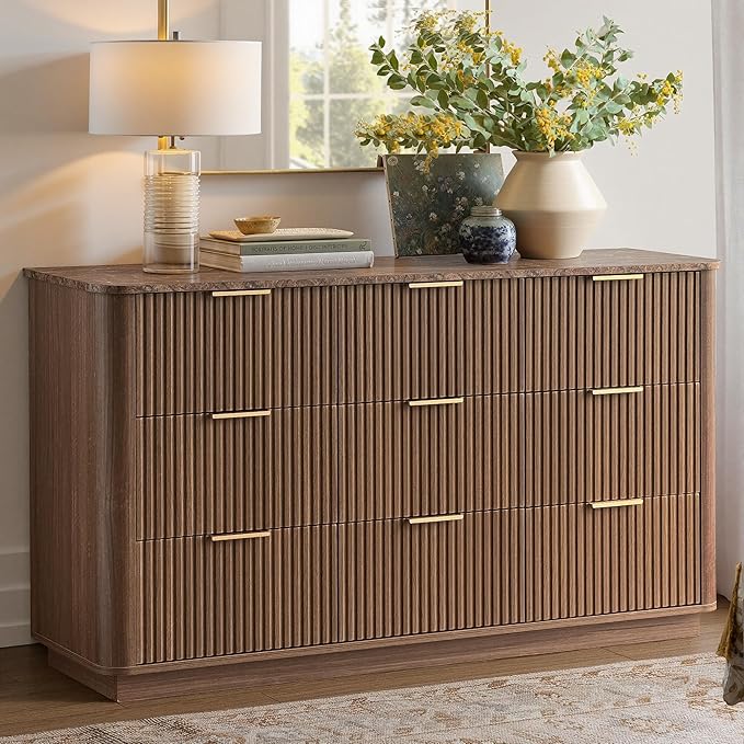 win2win 9 Drawer Dresser, Mid Century Modern Dresser with Storage, 55" Wide Fluted Chest of Drawers with Faux Marble Top, Dressers TV Stand, Drawers Organizer for Bedroom, Living Room, Hallway, Walnut