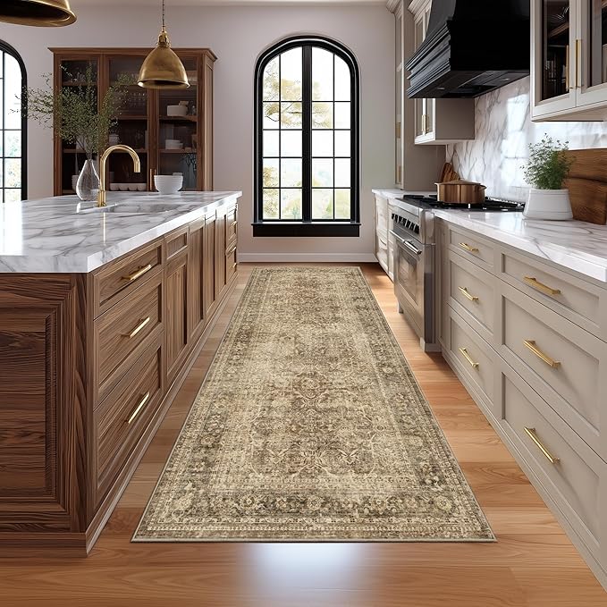 Fmfunctex 3x8 Runner Rug Brown Washable Vintage Neutral Distressed Non Slip Low Pile Indoor Carpet Soft Retro Floral Hallway Entryway Rug for Kitchen Living Room Bedroom Bathroom Laundry Entry Bedside