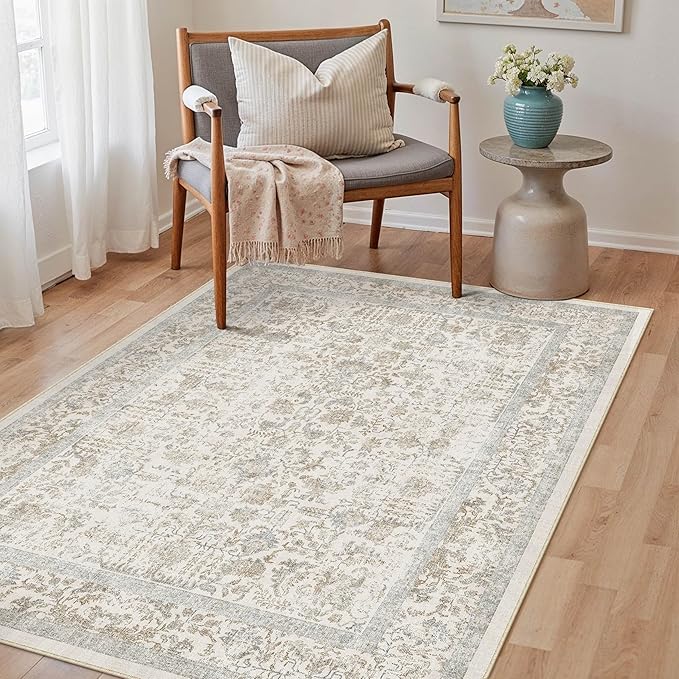 Taupe Area Rug 4x5 Office Entryway Rug Machine Washable Kitchen Vintage Distressed Non Slip Carpet Indoor Retro Floral Accent Throw Door Mat for Bathroom Bedroom Dining Living Room