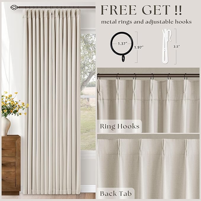 Pinch Pleat Extra Long 120 Inch Blackout Curtains for Living Room 2 Panels Set 100% Black Out Flax Burlap Natural Beige Cream White Pleated Drapes Room Darkening Luxury High Ceiling Windows Curtain