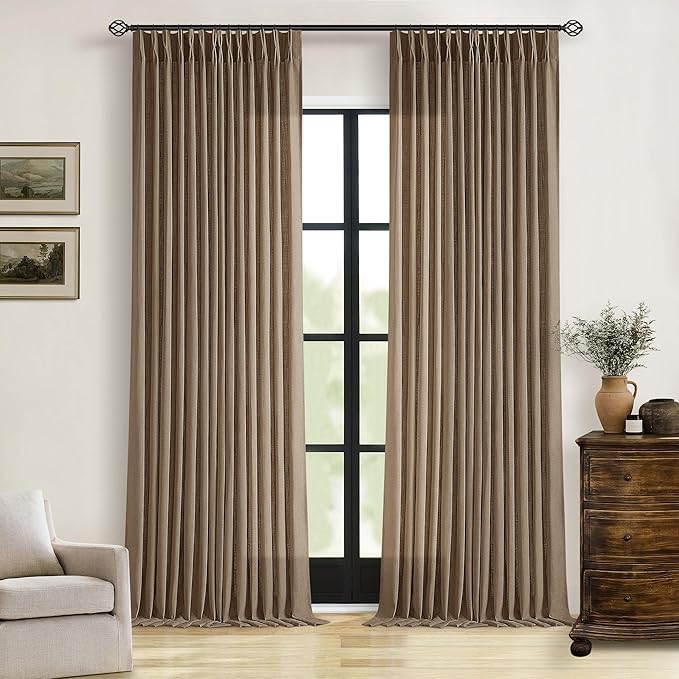 Brown Pleated Linen Curtains 96 Inches Long for Living Room 2 Panel Set Semi Sheer Light Filtering Pinch Pleat with Rings Hooks Drapes Boho Rustic Farmhouse Dutch Cocoa Curtain Bedroom Window